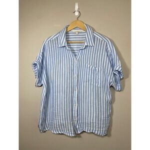 Lucky & Coco Button Front Gauze Shirt Blue White Striped Top Women Size LARGE